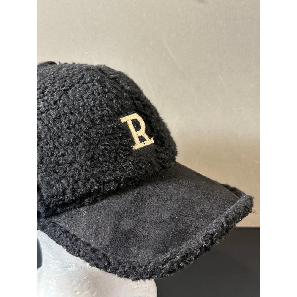 Black Borg‎ Fleece Baseball Cap Gold Embroidered R Initial Sherpa Faux Suede Hat